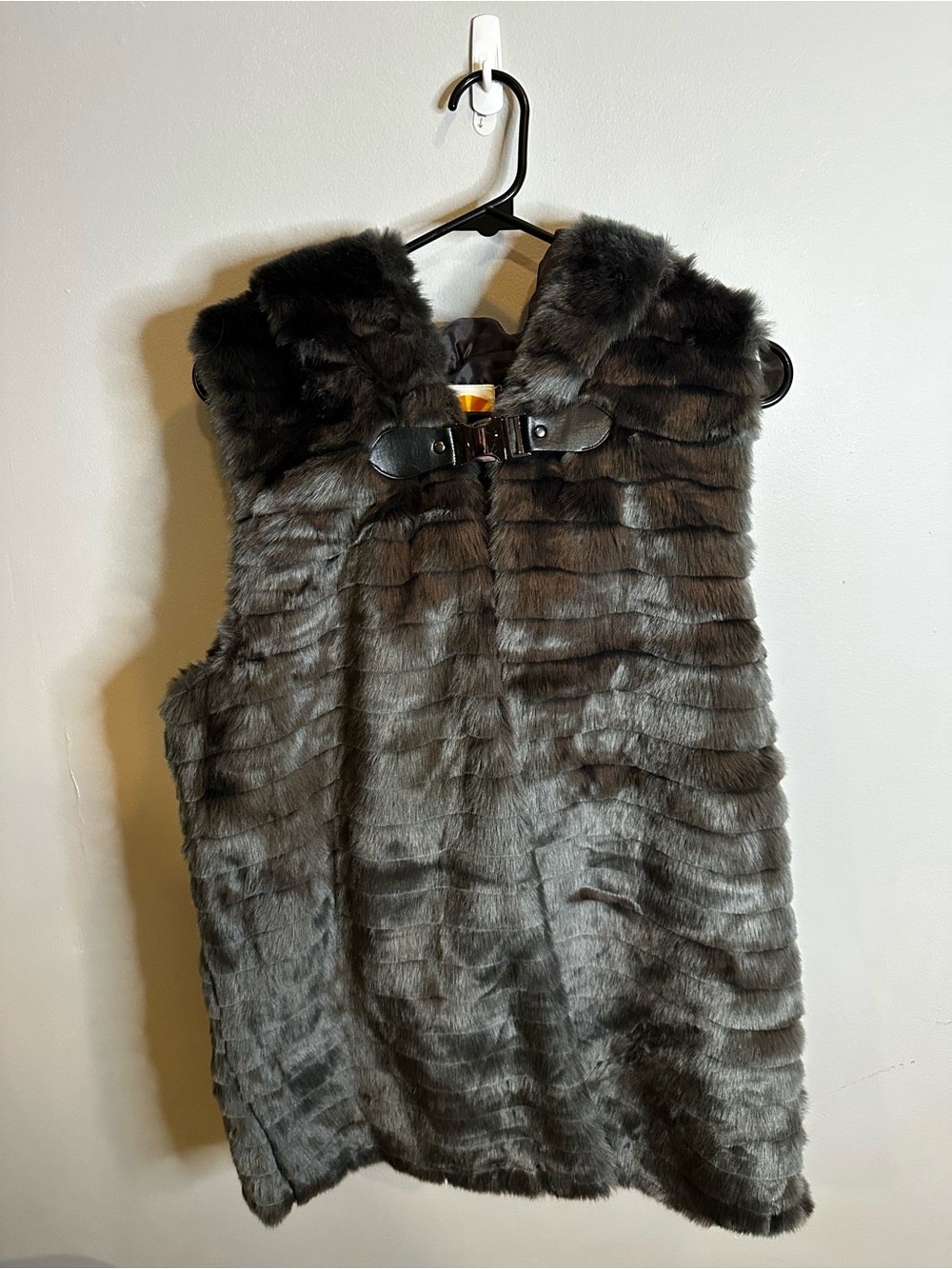 C&C California Charcoal Gray Faux Fur Vest with Buckle Trim